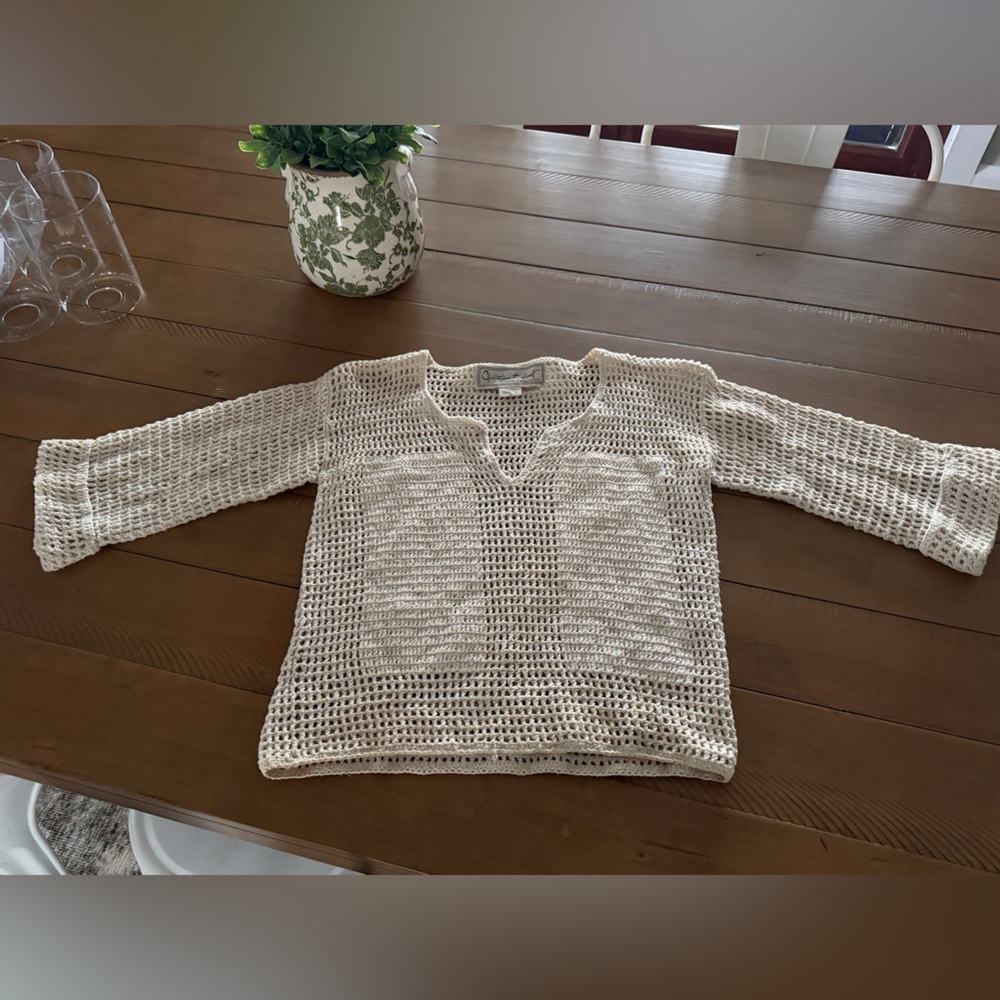 Vintage | Boho crochet sweater swimsuit cover up | Sz Small Cream Beige Florida